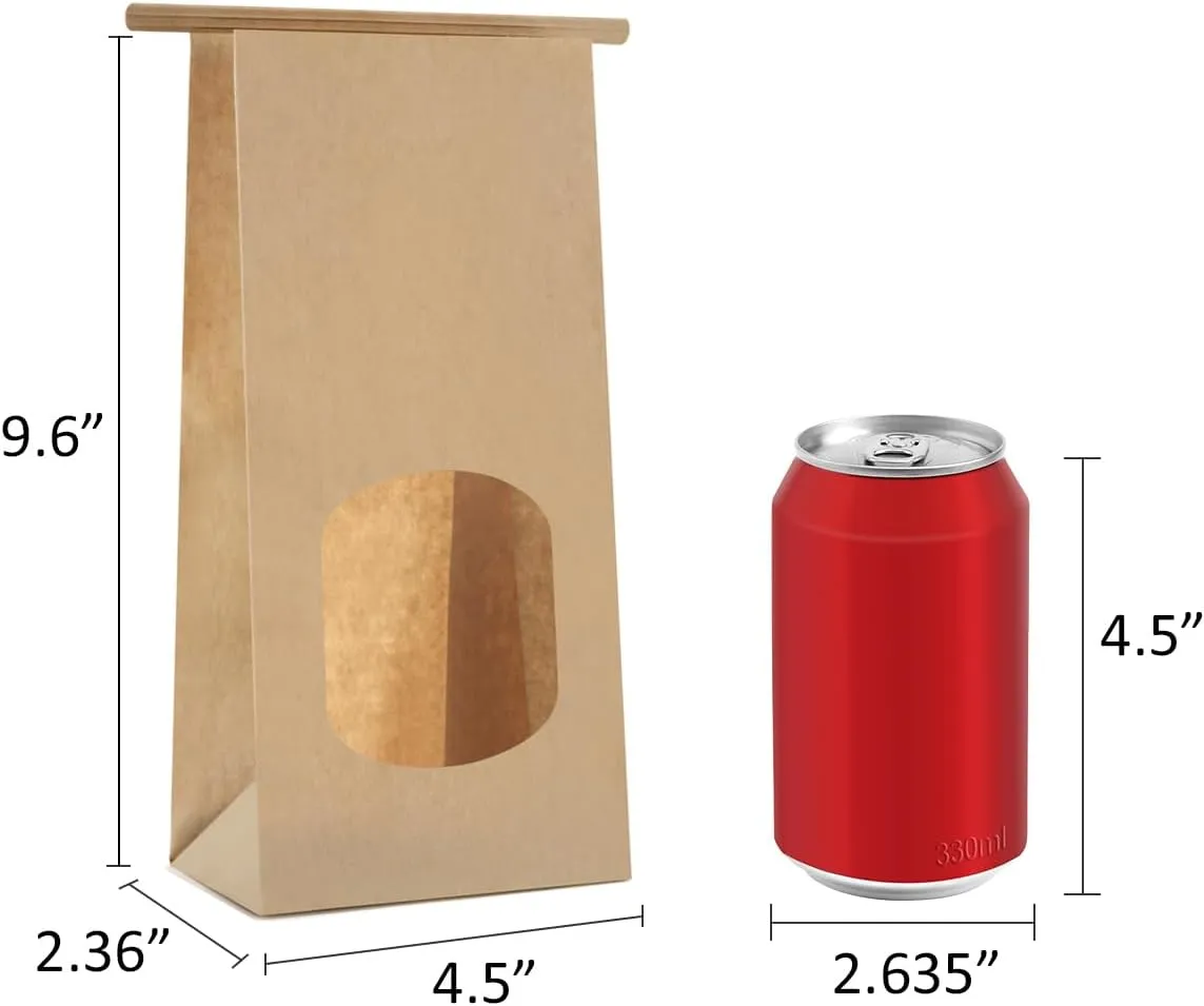 BagDream Bakery Bags with Window 100pcs 4.5x2.36x9.6 Inches Window Tin Tie Tab Lock Kraft Brown Paper Bags for Coffee Bean, Cookies, Treat, Snack