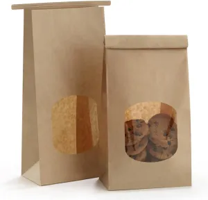 BagDream Bakery Bags with Window 100pcs 4.5x2.36x9.6 Inches Window Tin Tie Tab Lock Kraft Brown Paper Bags for Coffee Bean, Cookies, Treat, Snack