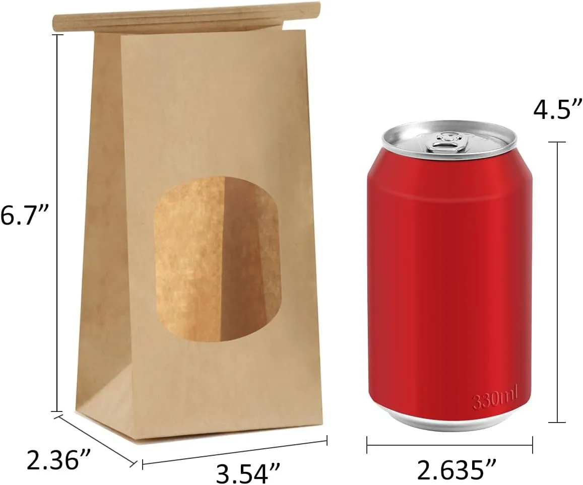 BagDream Small Bakery Bags with Window 100Pcs 3.54x2.36x6.7 Inches Tin Tie Tab Lock Kraft Brown Window Paper Bags for Coffee Bean, Cookies, Treat, Snack