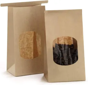 BagDream Small Bakery Bags with Window 100Pcs 3.54x2.36x6.7 Inches Tin Tie Tab Lock Kraft Brown Window Paper Bags for Coffee Bean, Cookies, Treat, Snack
