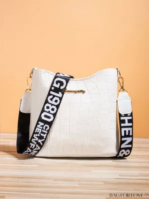BagForLove - Compact Crocodile-Embossed White PU Zippered Hobo Bag