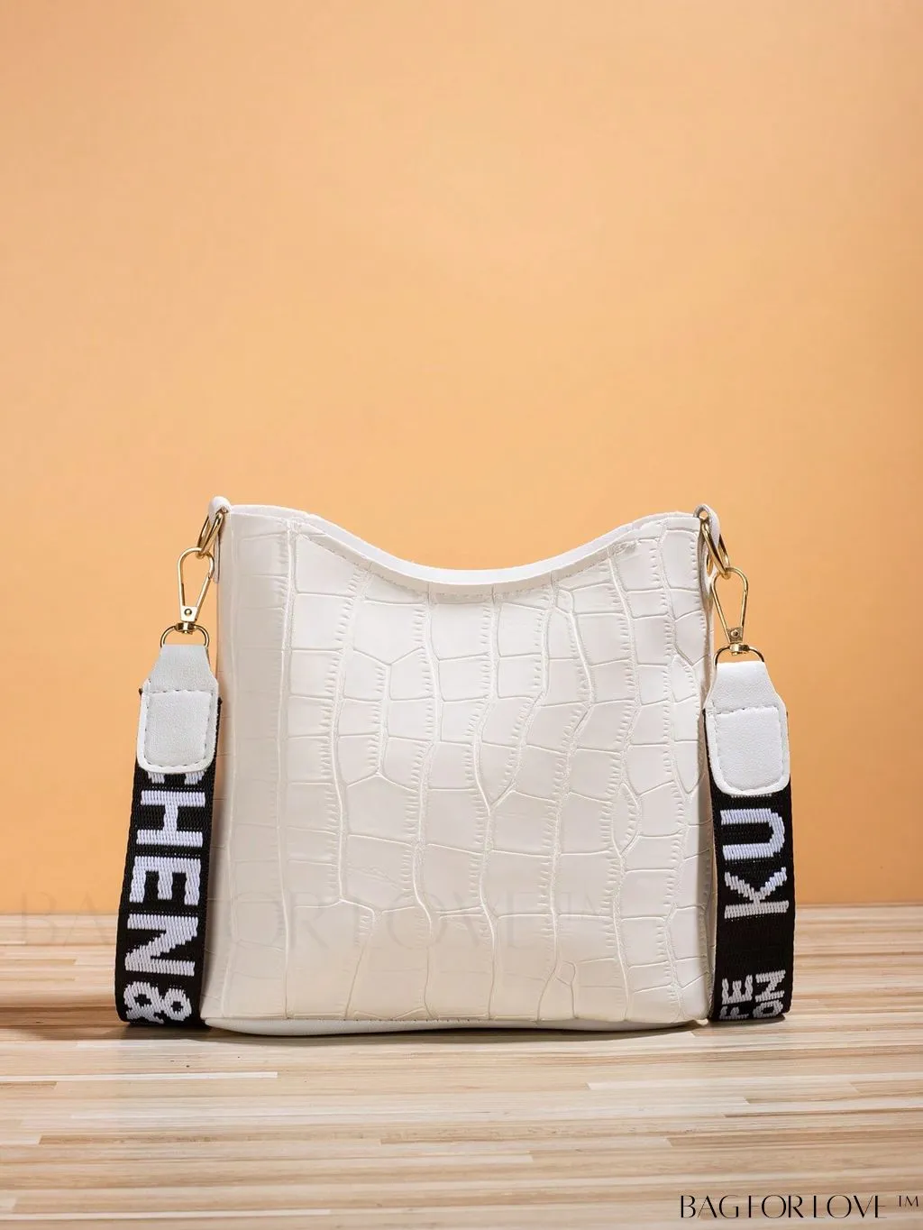 BagForLove - Compact Crocodile-Embossed White PU Zippered Hobo Bag