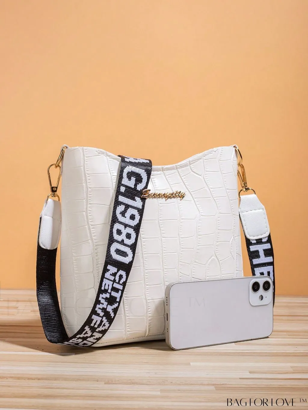 BagForLove - Compact Crocodile-Embossed White PU Zippered Hobo Bag