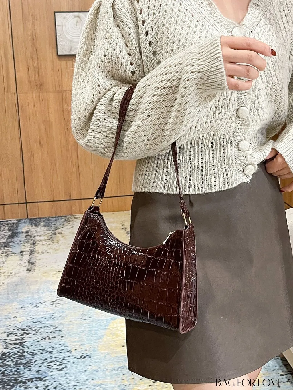 BagForLove - Crocodile Embossed Baguette Handbag