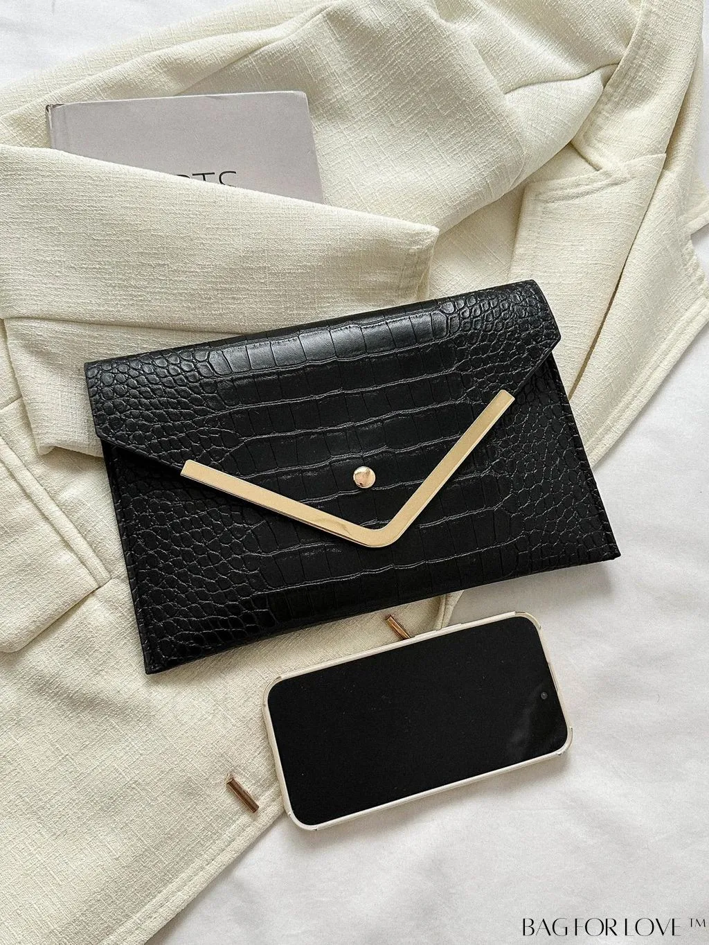 BagForLove - Elegant Metal-Decorated Crocodile Embossed Envelope Bag