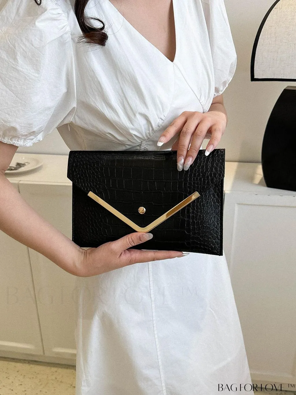 BagForLove - Elegant Metal-Decorated Crocodile Embossed Envelope Bag