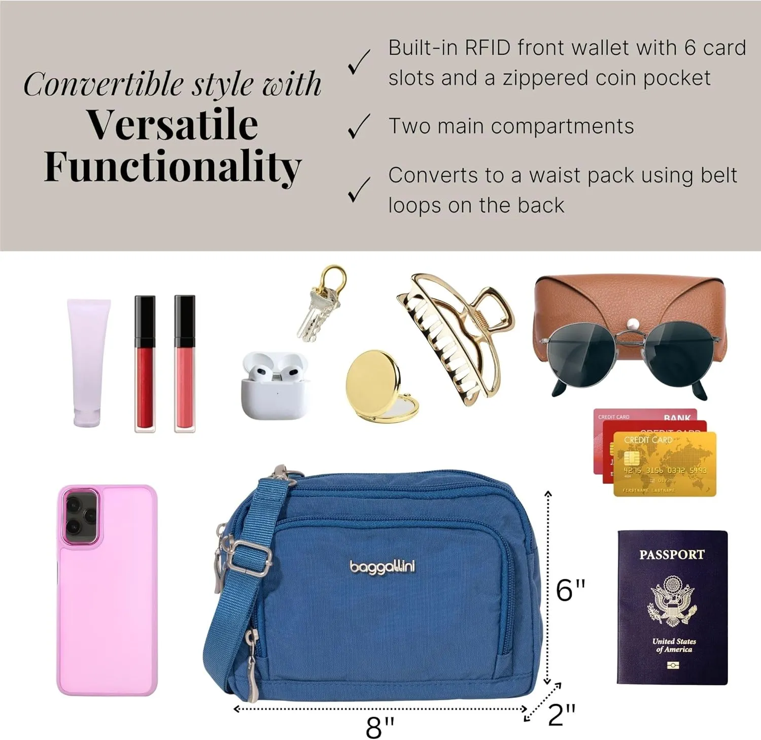 Baggallini Women Triple Zip Bag with Wallet
