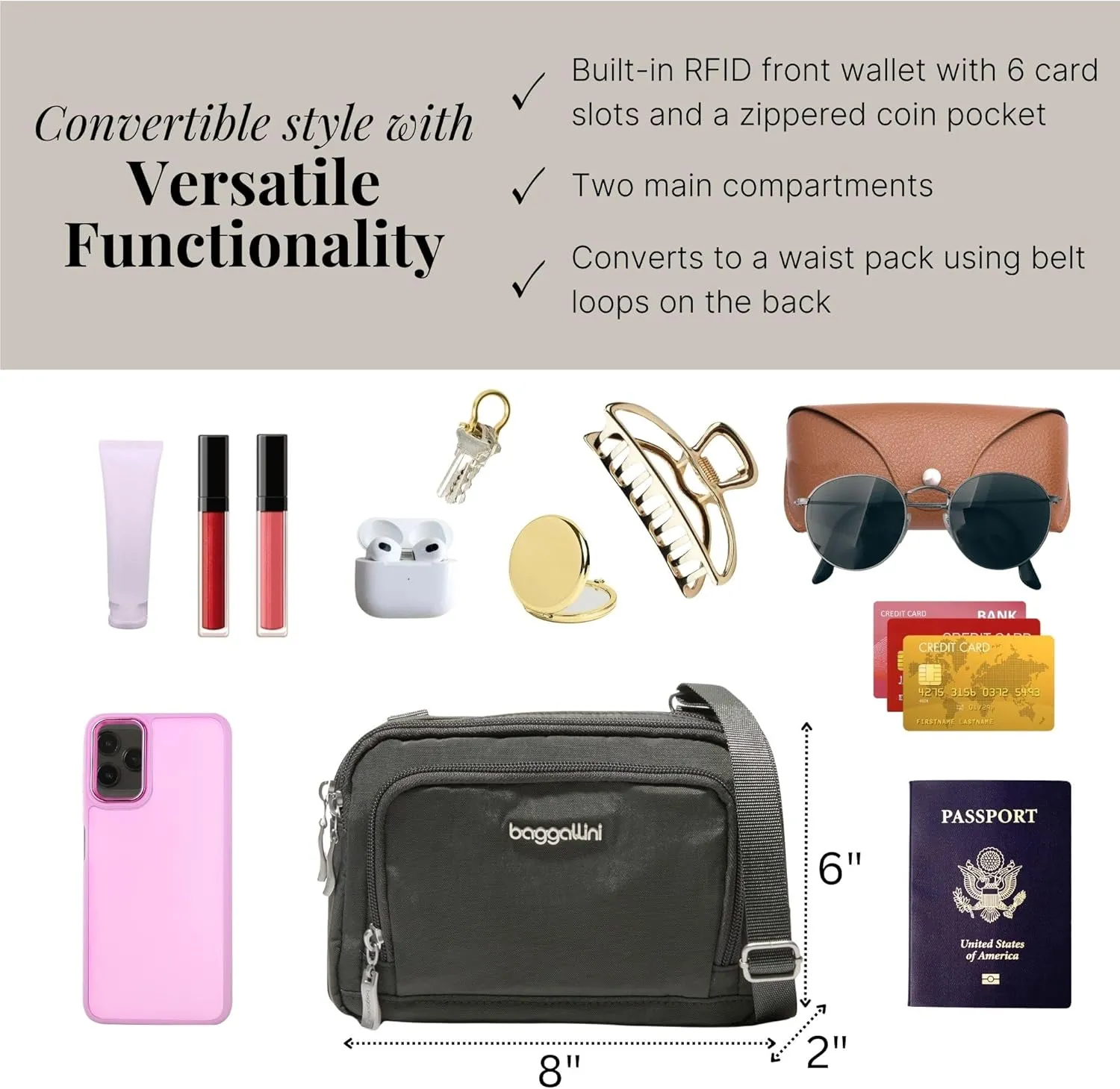 Baggallini Women Triple Zip Bag with Wallet