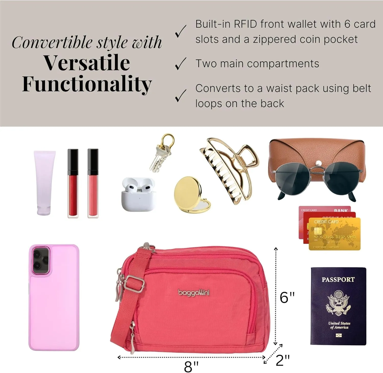 Baggallini Women Triple Zip Bag with Wallet