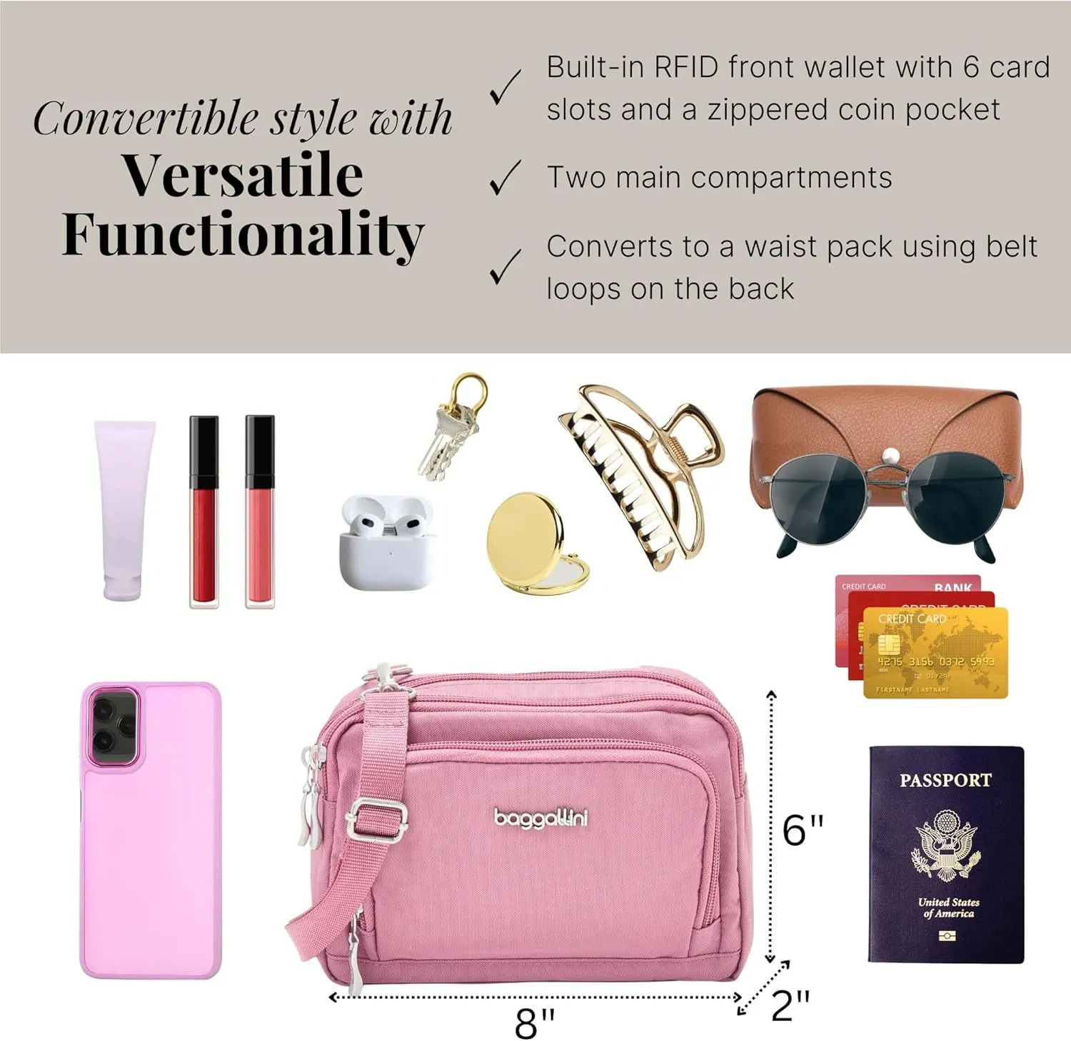 Baggallini Women Triple Zip Bag with Wallet
