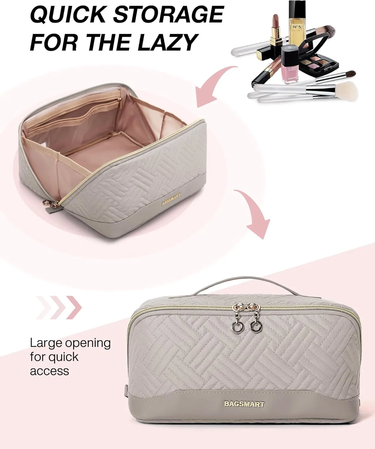 BAGSMART Makeup Bag, Travel Cosmetic Bags Water-resistent Makeup Case for Women Portable Pouch Open Flat Make Up Organizer for Toiletries, Brushes, Tranquil Gray