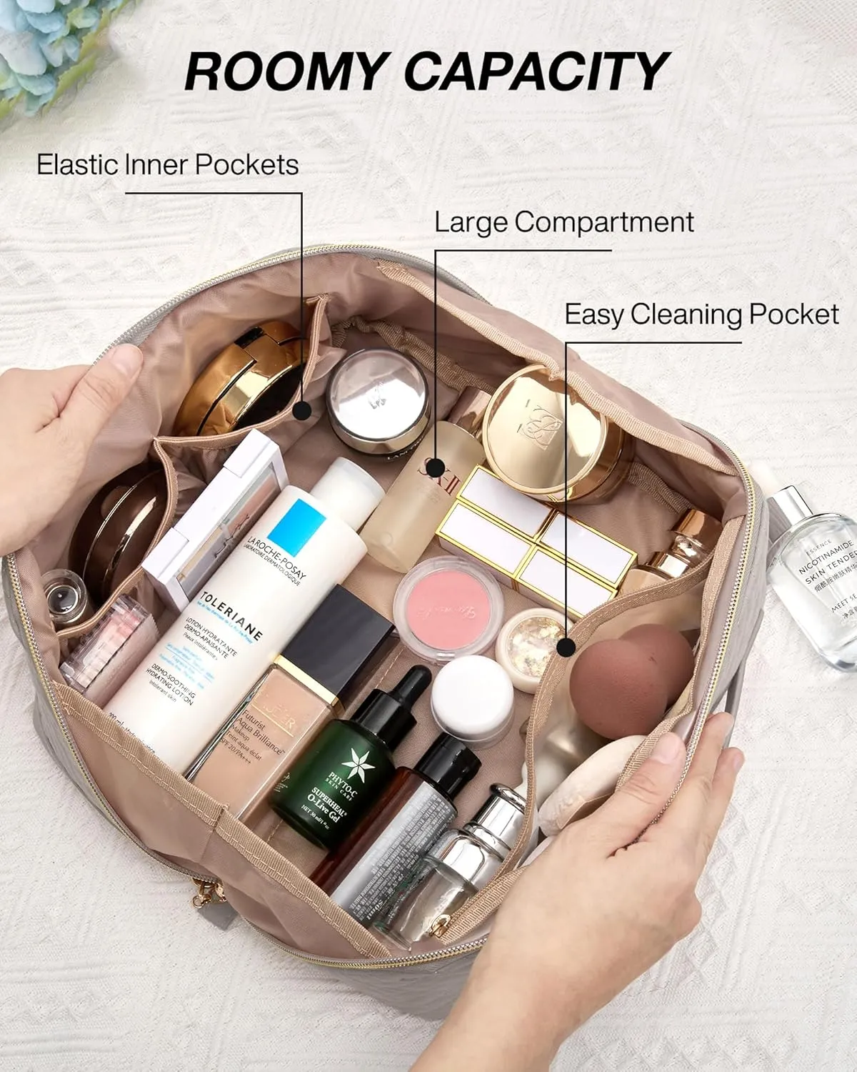 BAGSMART Makeup Bag, Travel Cosmetic Bags Water-resistent Makeup Case for Women Portable Pouch Open Flat Make Up Organizer for Toiletries, Brushes, Tranquil Gray