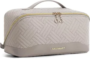 BAGSMART Makeup Bag, Travel Cosmetic Bags Water-resistent Makeup Case for Women Portable Pouch Open Flat Make Up Organizer for Toiletries, Brushes, Tranquil Gray