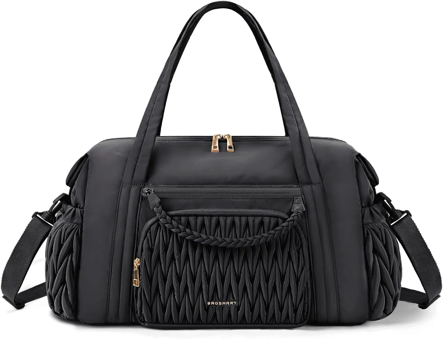 BAGSMART Quilted Duffle Bag for Women, Weekender Overnight Gym Travel Carry-On Bag, Black