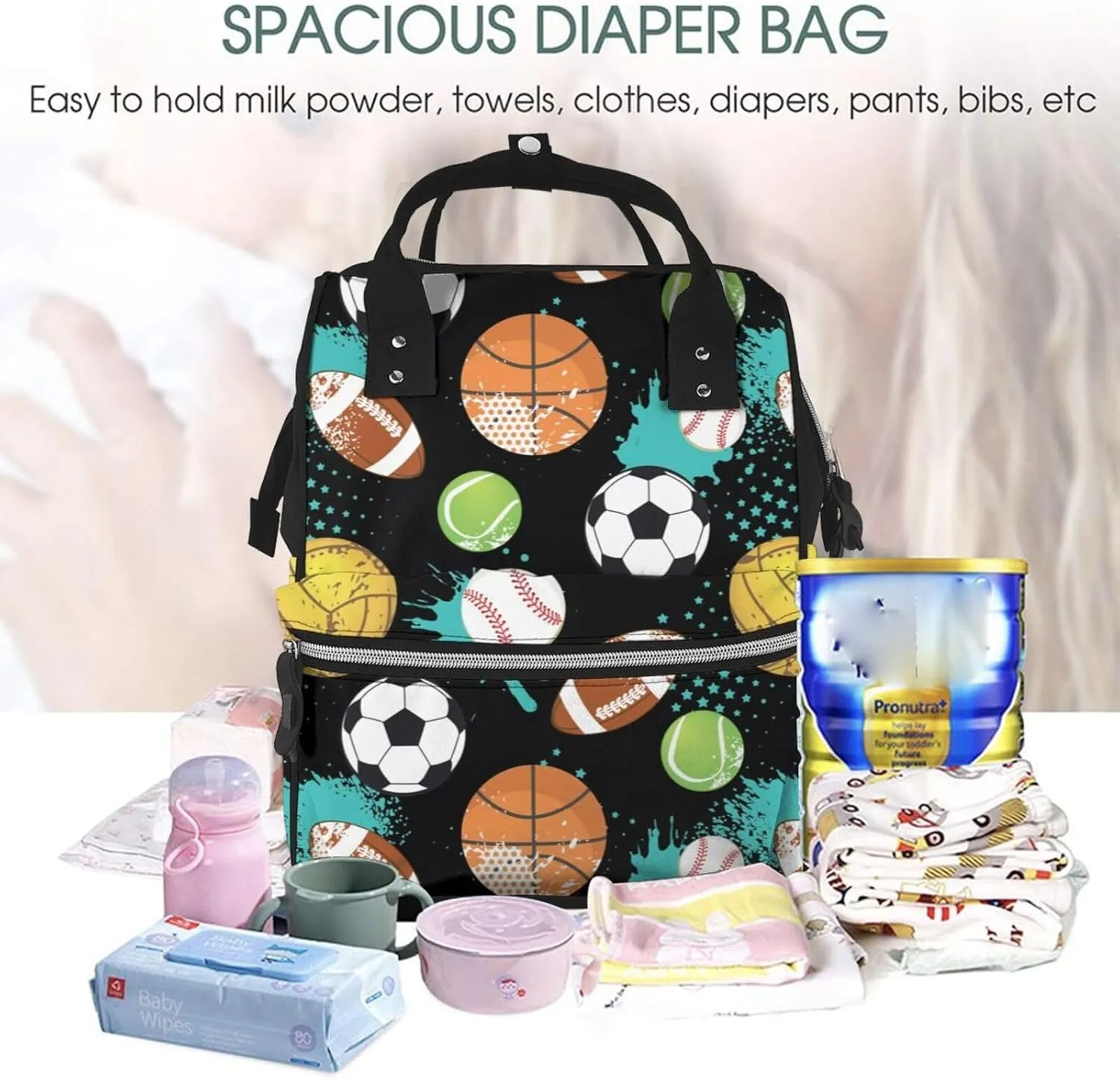 Ball Sport Diaper Bag Backpack For Baby Girls, Mom Waterproof Large Nappy Bags For Women