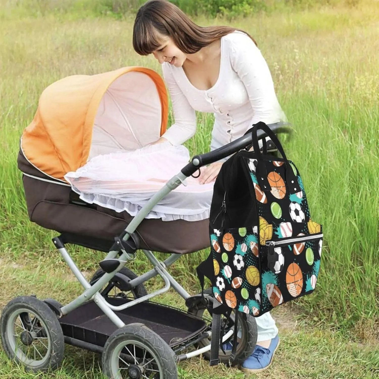 Ball Sport Diaper Bag Backpack For Baby Girls, Mom Waterproof Large Nappy Bags For Women