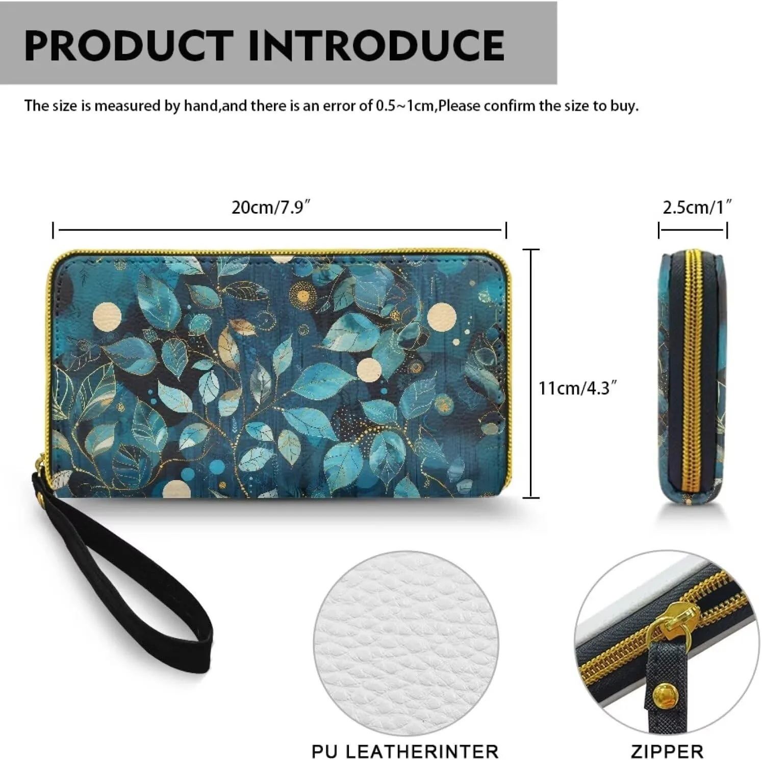 Batik Blue Leaves Womens Purse Wallet Wristlet Zipper Clutch,Leaves Branch Print Large Capacity Card Organizer Long Purse for Lady
