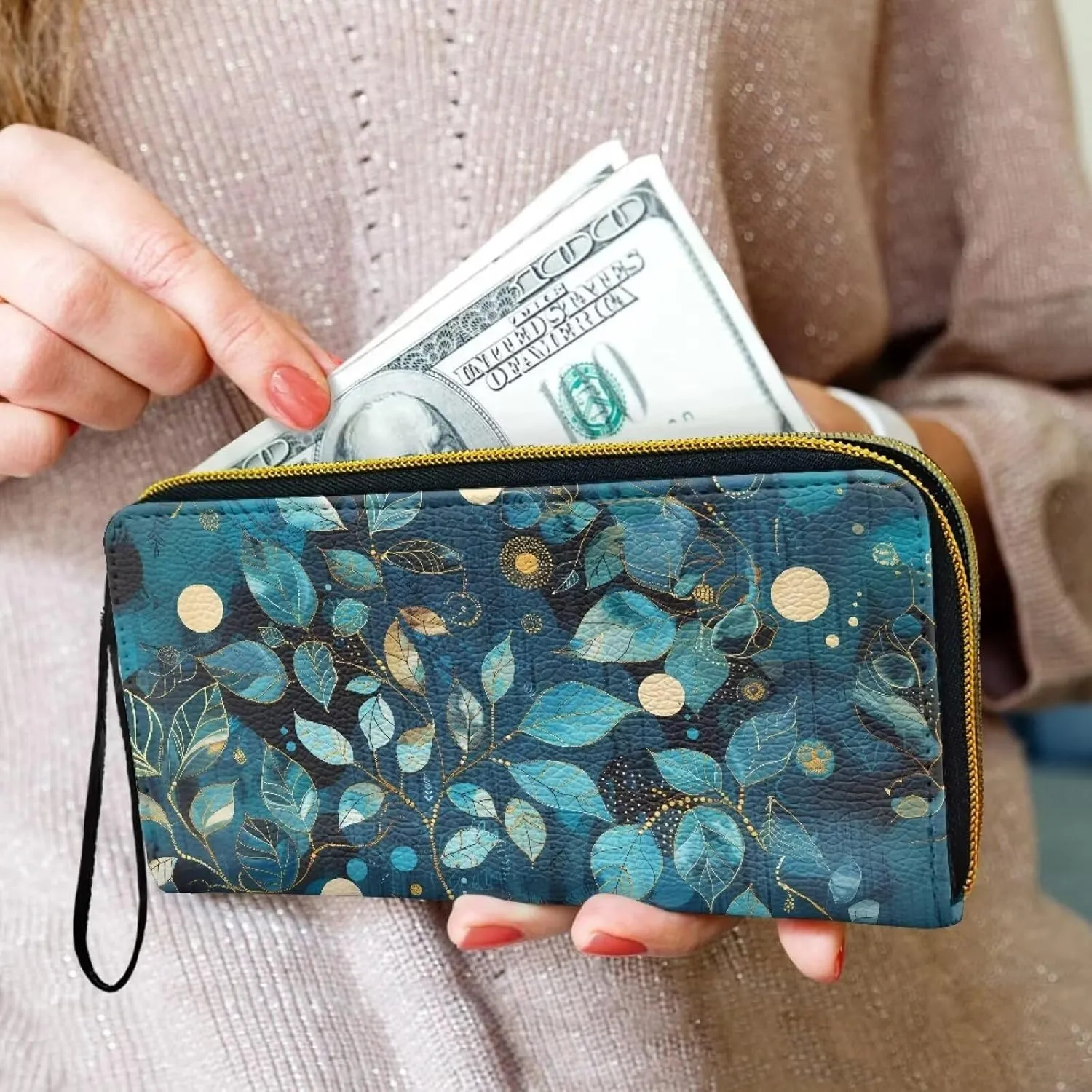 Batik Blue Leaves Womens Purse Wallet Wristlet Zipper Clutch,Leaves Branch Print Large Capacity Card Organizer Long Purse for Lady