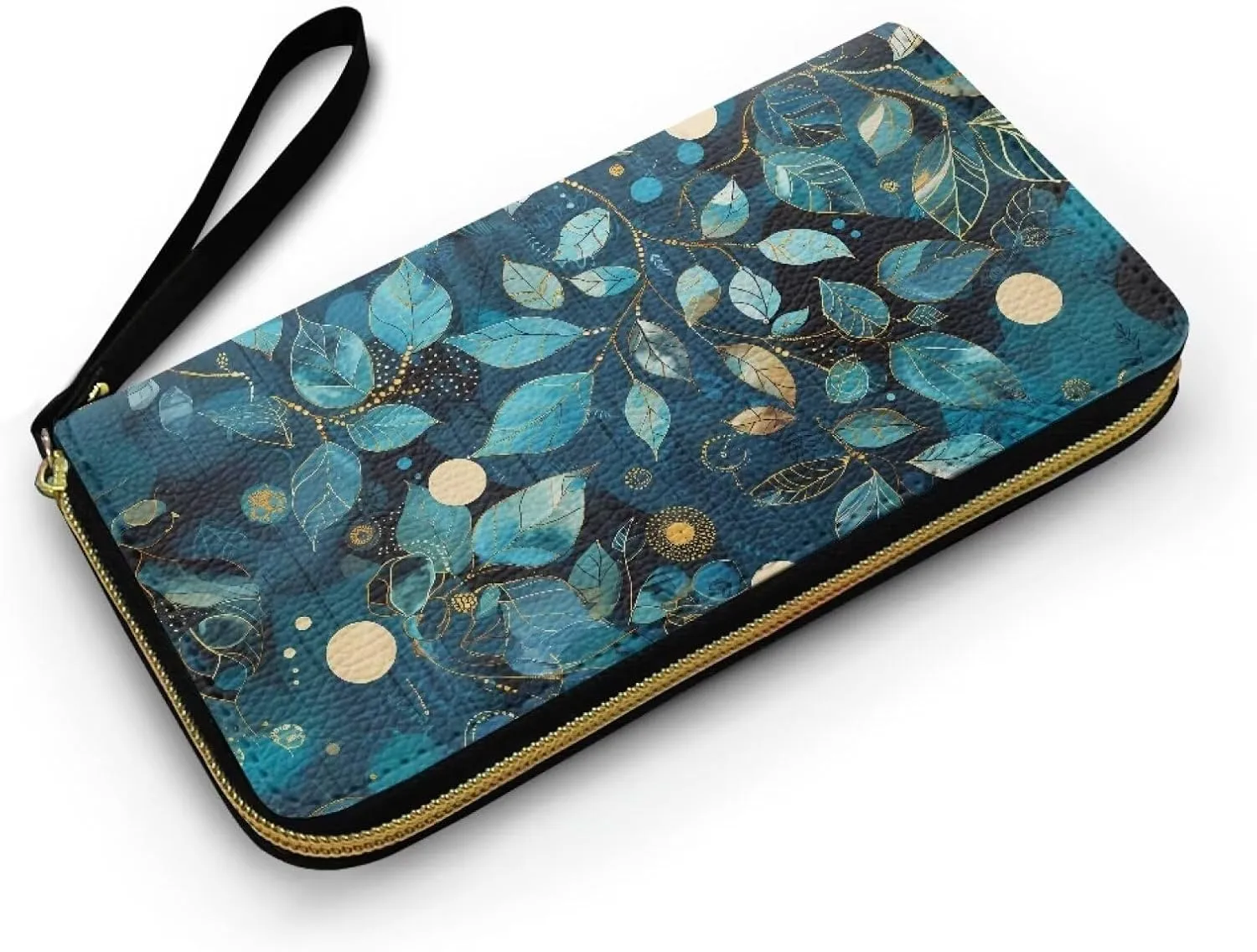Batik Blue Leaves Womens Purse Wallet Wristlet Zipper Clutch,Leaves Branch Print Large Capacity Card Organizer Long Purse for Lady