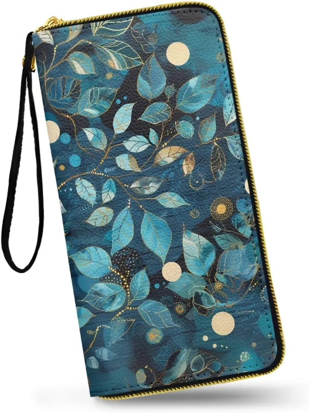 Batik Blue Leaves Womens Purse Wallet Wristlet Zipper Clutch,Leaves Branch Print Large Capacity Card Organizer Long Purse for Lady