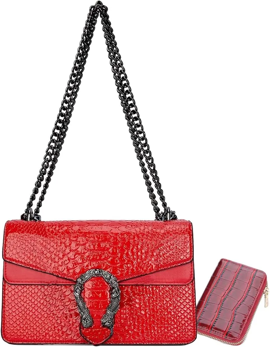 Bealin Women's Crossbody Shoulder Bag Retro Snake Print Square Satchel Handbag Chain Strap Clutch Leather Bag