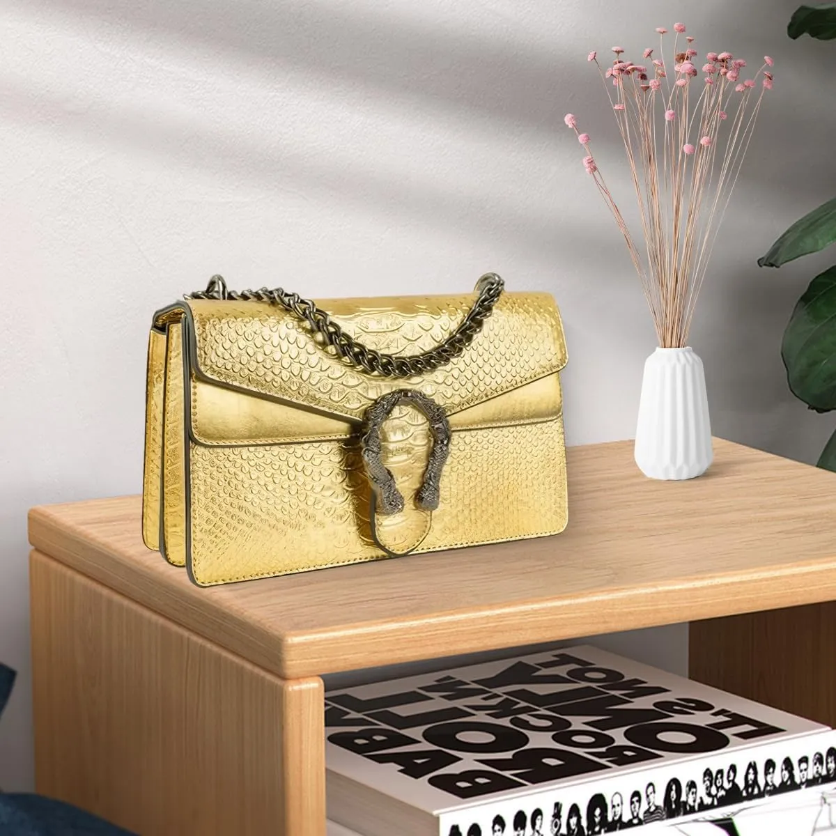 Bealin Women's Crossbody Shoulder Bag Retro Snake Print Square Satchel Handbag Chain Strap Clutch Leather Bag