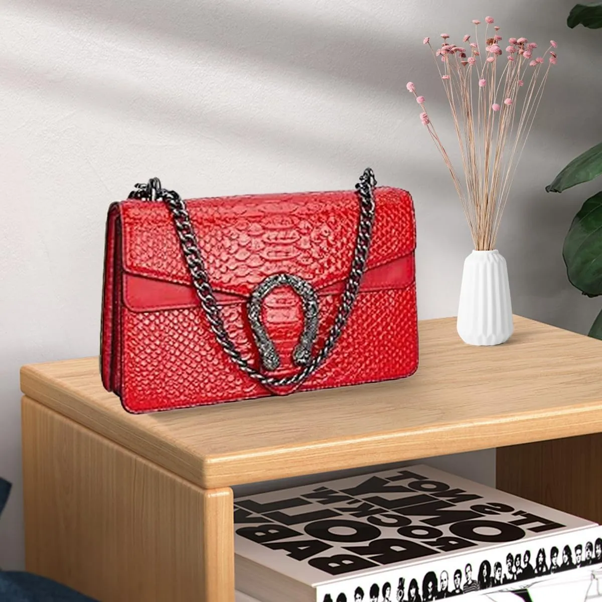 Bealin Women's Crossbody Shoulder Bag Retro Snake Print Square Satchel Handbag Chain Strap Clutch Leather Bag