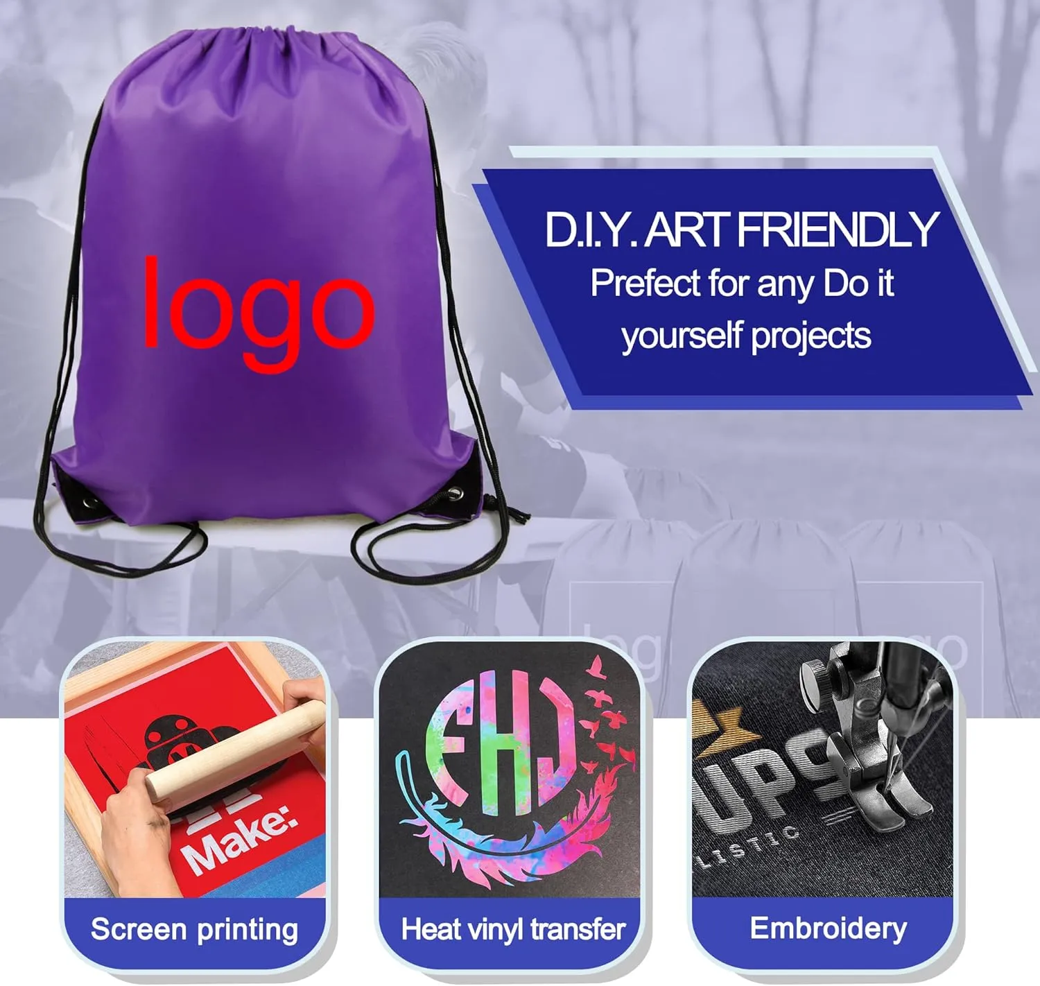 BeeGreen Drawstring Backpack Bags 20,30,50 Packs Reflective String Bags for Gym Sport Trip Cinch Sack DIY for Women Men
