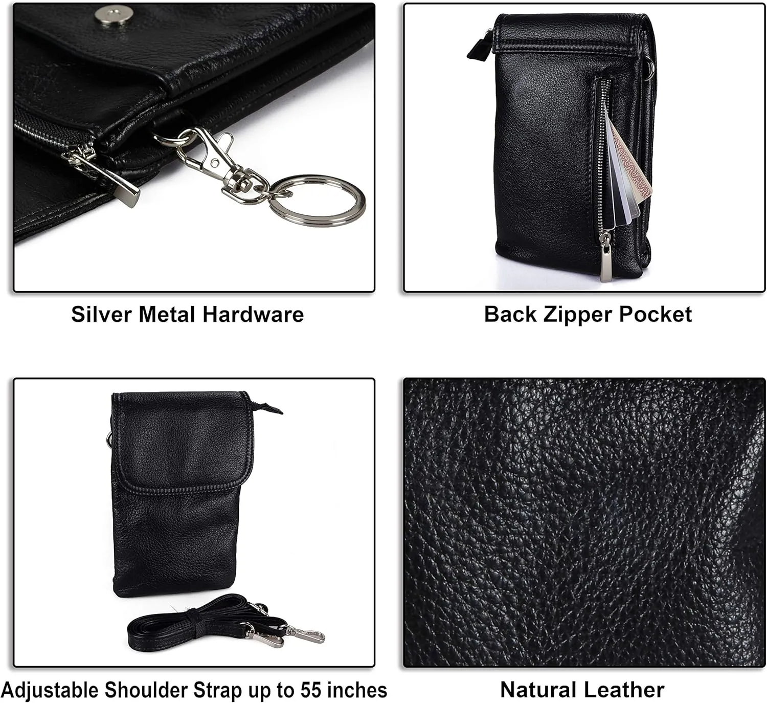 befen Genuine Leather Small Crossbody Bags for Women Cell Phone Bag Cross Body Purses,Silver Zipper