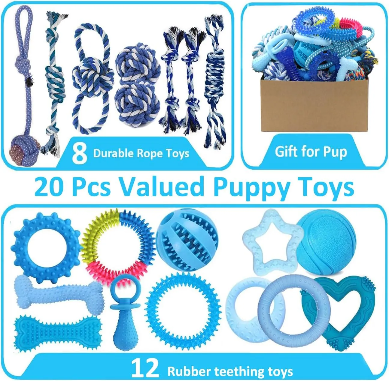 Beiker 20 Pack Puppy Chew Toys - Blue Dog Teething Toys for Puppies, Puppy Teething Rings and Durable Ropes, Blue Rubber Toy Bundle for Small Dogs, Cute Interactive Dog Balls for Small Breed