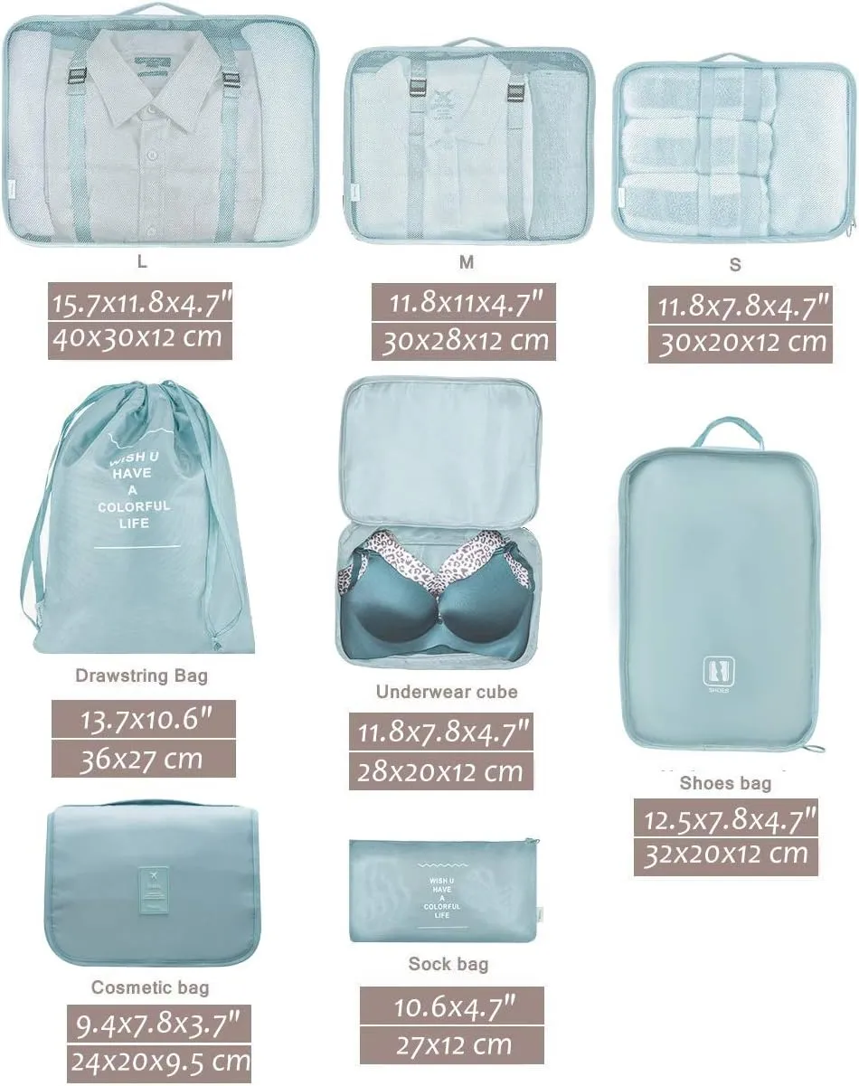 Belsmi 8 Set Packing Cubes with Shoe Bag - Compression Travel Luggage Organizer