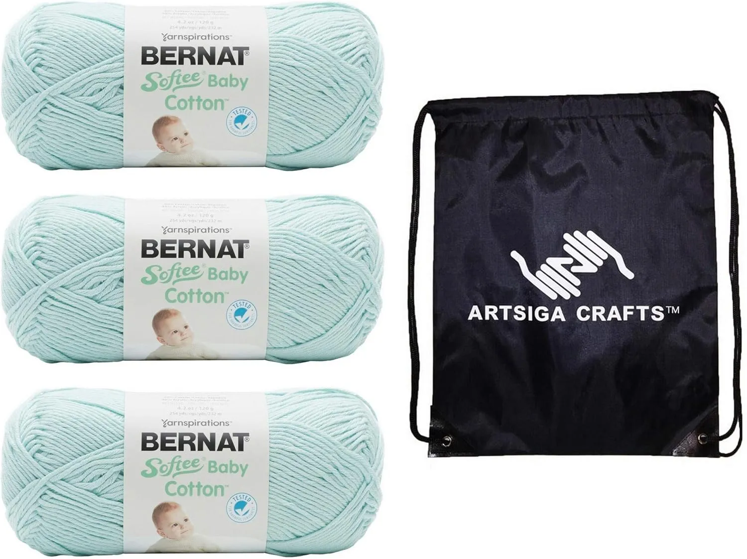 Bernat Knitting Yarn Softee Baby Cotton Aqua Mist 3-Skein Factory Pack (Same Dyelot) 166052-52010 with Knitting Project Bag