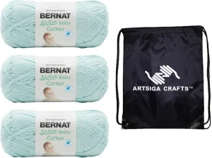 Bernat Knitting Yarn Softee Baby Cotton Aqua Mist 3-Skein Factory Pack (Same Dyelot) 166052-52010 with Knitting Project Bag