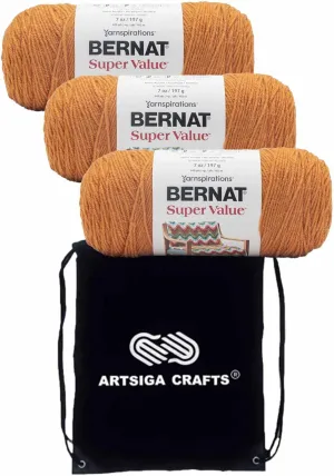 Bernat Super Value Solid Masala 164053-53806 (3-Skeins - Same Dye Lot) Worsted Medium #4 Acrylic Yarn for Crocheting and Knitting with Project Bag