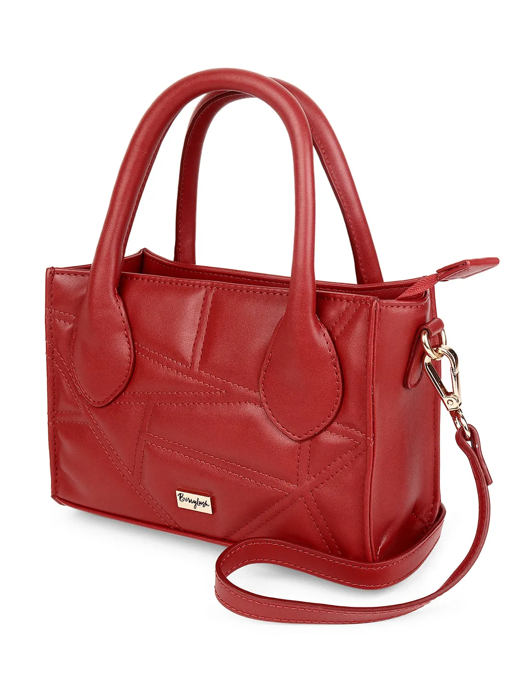 Berrylush Women Red Textured Pattern Synthetic Leather Detachable Sling Strap Zipper-Up Quilted Handheld Bag