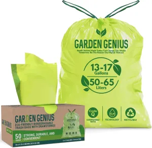 Biodegradable 13-17 Gallon Code-Q Kitchen Waste Bags (50 Pack) | Strong Heavy-Duty Tall Trash Bags w/Drawstring | Fits Simplehuman & Standard Cans | Eco-Friendly D2W, 30 Micron Thick | 25.6" x 33.5"