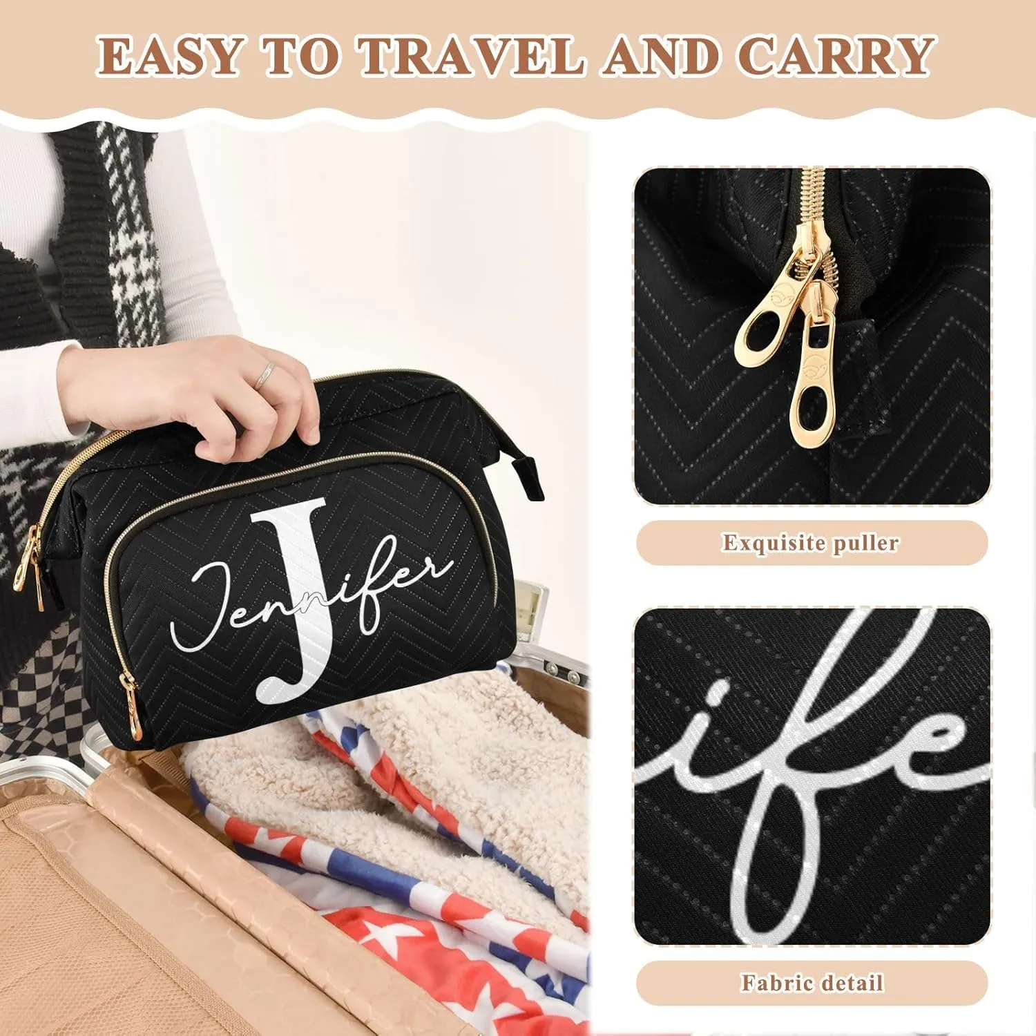 Black Custom Makeup Bag Travel Toiletry Bag Cosmetic Bag Pouch Cute Large Makeup Case Box Skincare Bag Organizer Make Up Bags for Adults Women Purse Men Toiletries Sports Trip
