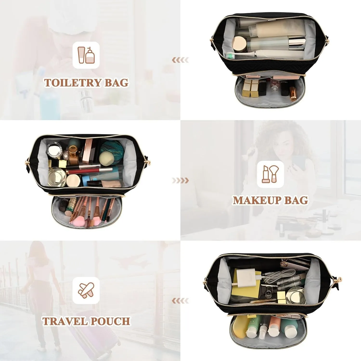 Black Custom Makeup Bag Travel Toiletry Bag Cosmetic Bag Pouch Cute Large Makeup Case Box Skincare Bag Organizer Make Up Bags for Adults Women Purse Men Toiletries Sports Trip