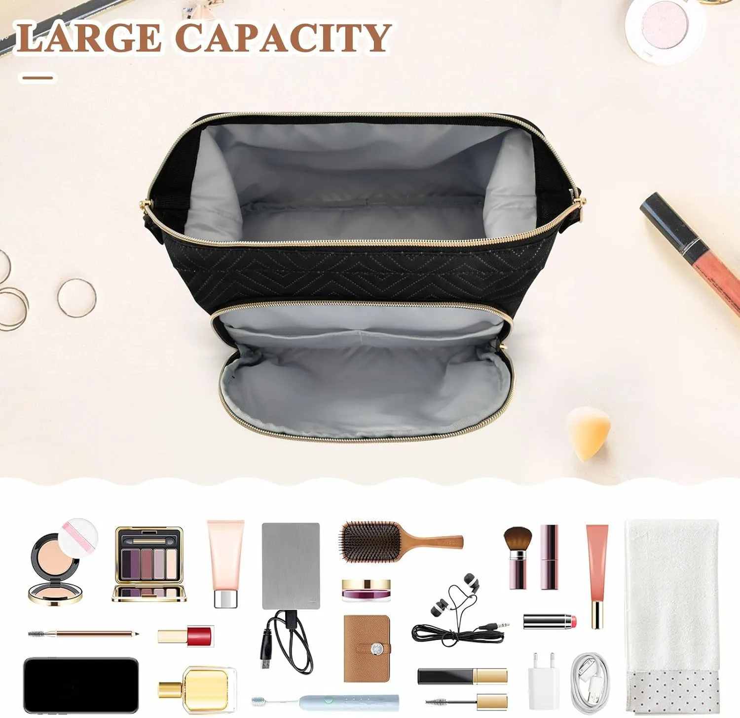 Black Custom Makeup Bag Travel Toiletry Bag Cosmetic Bag Pouch Cute Large Makeup Case Box Skincare Bag Organizer Make Up Bags for Adults Women Purse Men Toiletries Sports Trip
