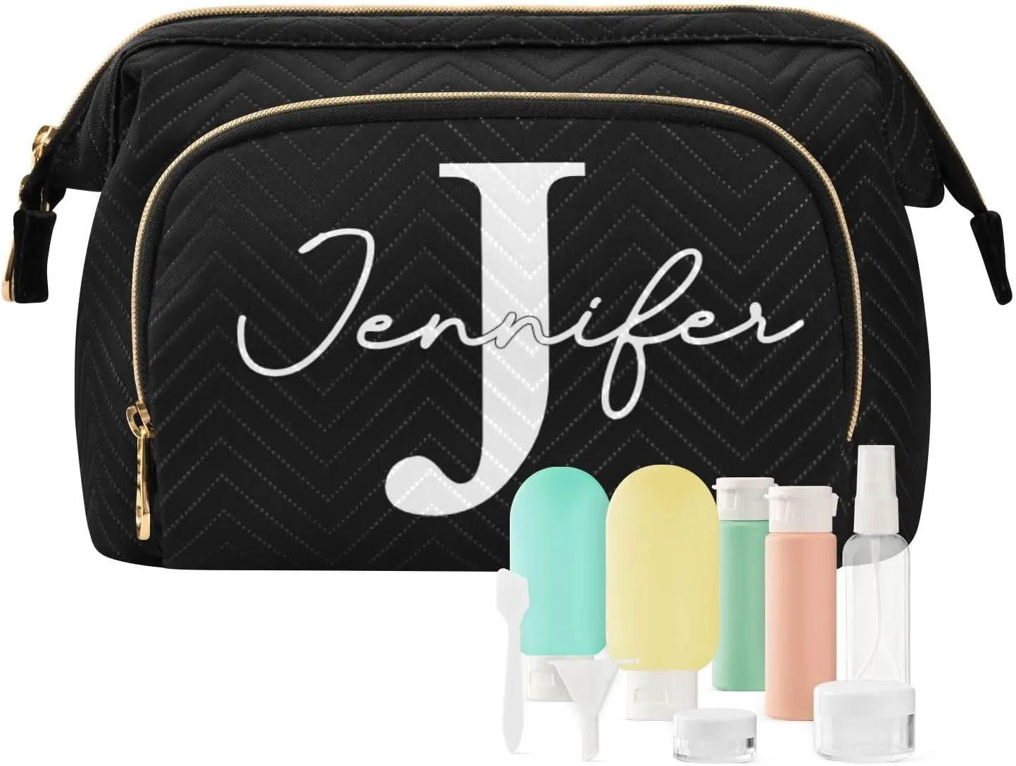 Black Custom Makeup Bag Travel Toiletry Bag Cosmetic Bag Pouch Cute Large Makeup Case Box Skincare Bag Organizer Make Up Bags for Adults Women Purse Men Toiletries Sports Trip
