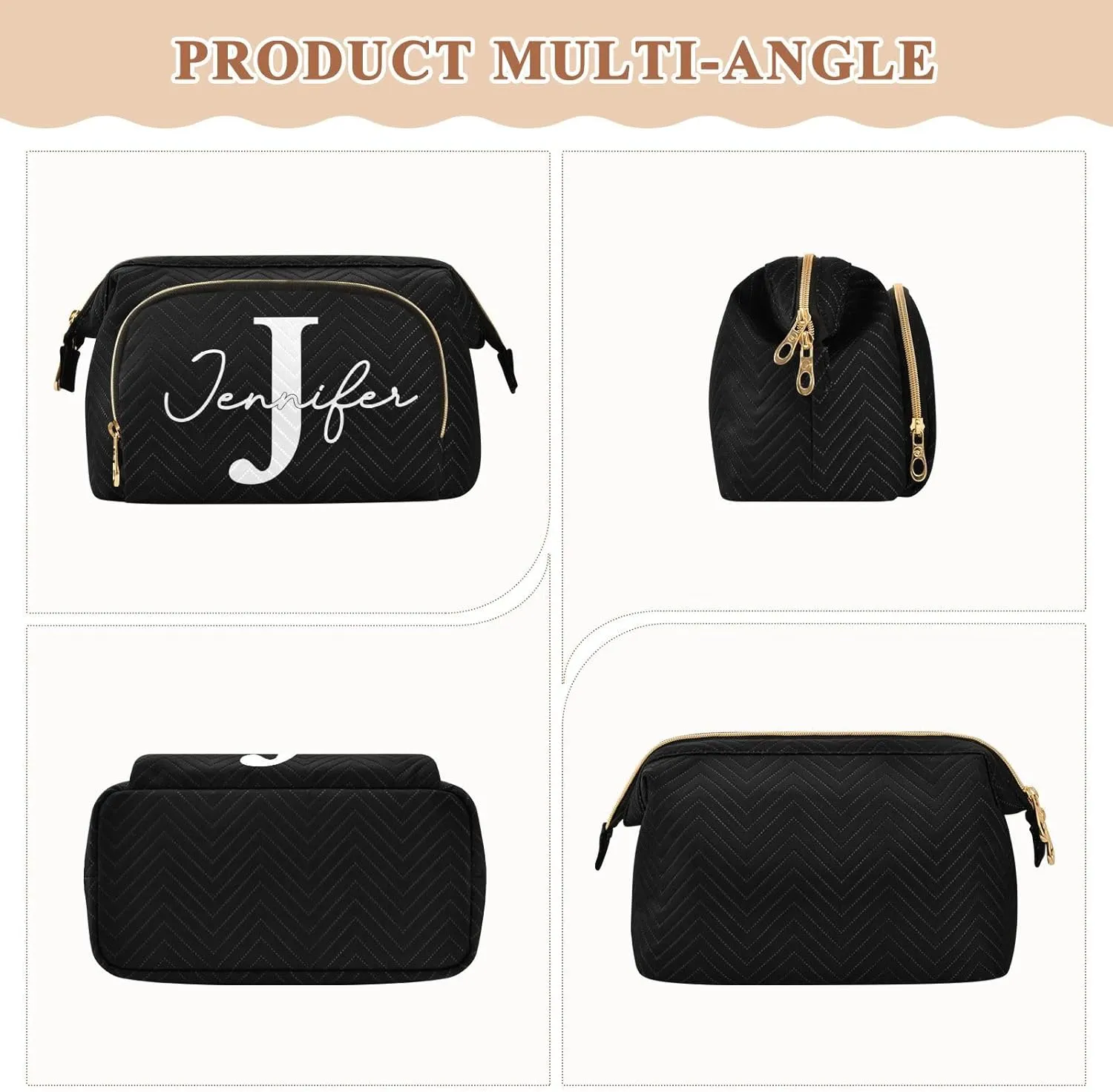 Black Custom Makeup Bag Travel Toiletry Bag Cosmetic Bag Pouch Cute Large Makeup Case Box Skincare Bag Organizer Make Up Bags for Adults Women Purse Men Toiletries Sports Trip