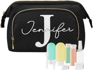 Black Custom Makeup Bag Travel Toiletry Bag Cosmetic Bag Pouch Cute Large Makeup Case Box Skincare Bag Organizer Make Up Bags for Adults Women Purse Men Toiletries Sports Trip