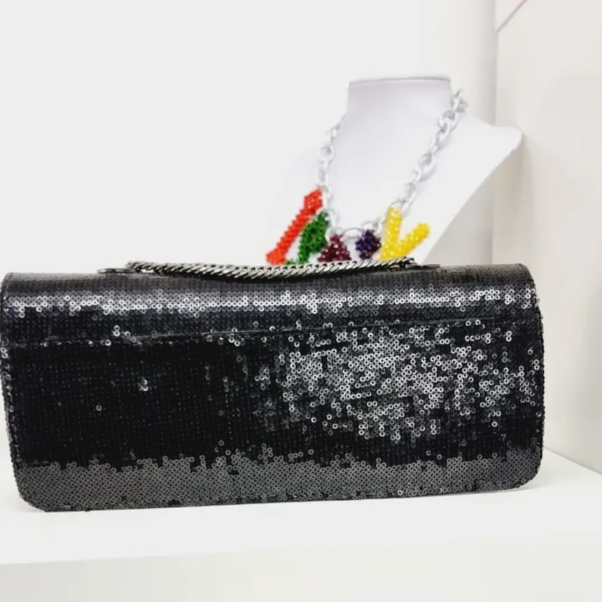 Black Sequin Fabric Evening Purse