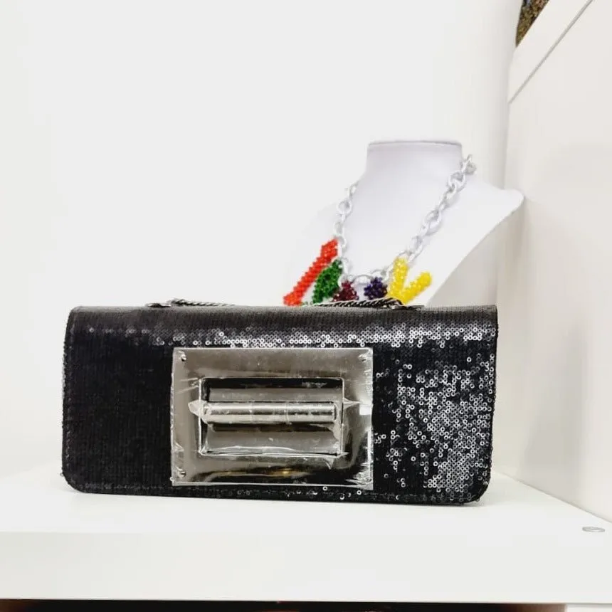Black Sequin Fabric Evening Purse