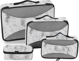 Black White Tie Dye Swirl Psychedelic Gradient Spiral Dyed Circle 4 PCs Set Packing Bags, Luggage Organizer Bag, Portable Cube Toiletry bag, Durable Travel Cosmetic Storage Bag for Men Women
