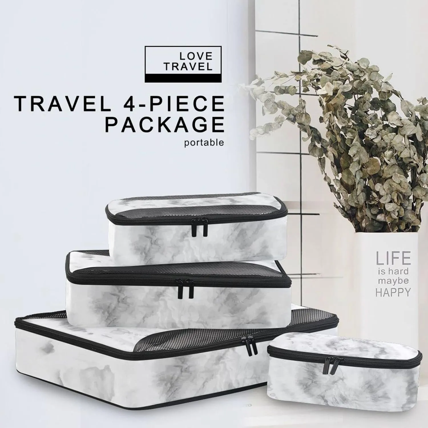 Black White Tie Dye Swirl Psychedelic Gradient Spiral Dyed Circle 4 PCs Set Packing Bags, Luggage Organizer Bag, Portable Cube Toiletry bag, Durable Travel Cosmetic Storage Bag for Men Women