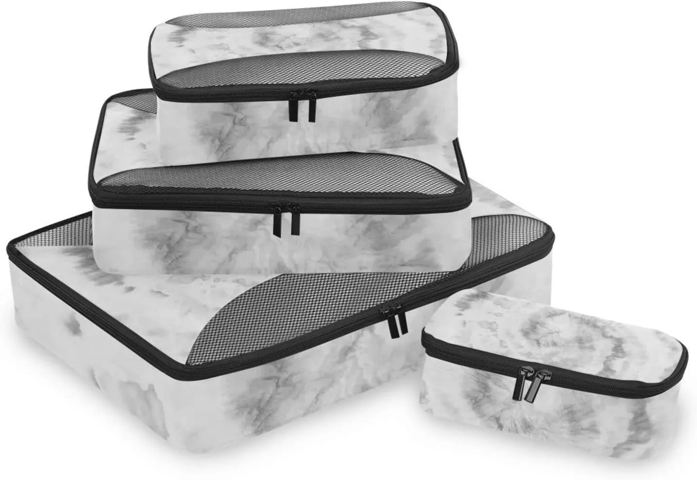 Black White Tie Dye Swirl Psychedelic Gradient Spiral Dyed Circle 4 PCs Set Packing Bags, Luggage Organizer Bag, Portable Cube Toiletry bag, Durable Travel Cosmetic Storage Bag for Men Women