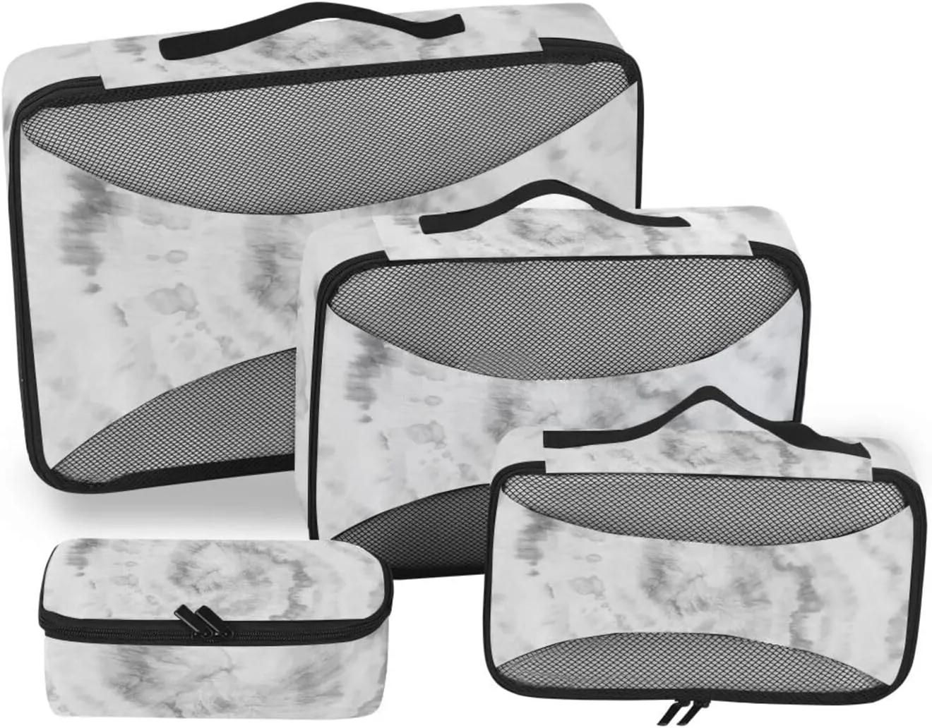 Black White Tie Dye Swirl Psychedelic Gradient Spiral Dyed Circle 4 PCs Set Packing Bags, Luggage Organizer Bag, Portable Cube Toiletry bag, Durable Travel Cosmetic Storage Bag for Men Women