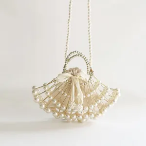 Blingy Faux Pearl Embellished Drawstring Pouch Top Handle Party Bag - Beige