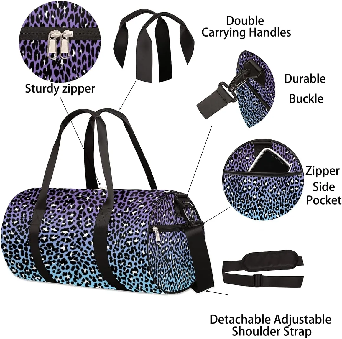Blue Multicolored Leopard Print Gym Bag Small Gym Duffel Bags for Men Women Overnight Weekender Bags Lightweight Sport Duffle Bag Carry On Gymbag